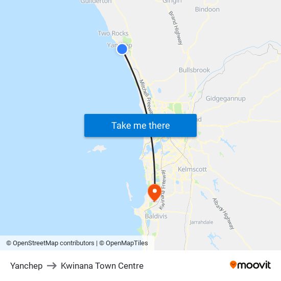 Yanchep to Kwinana Town Centre map
