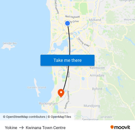 Yokine to Kwinana Town Centre map