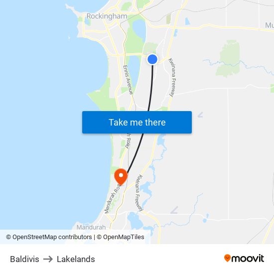 Baldivis to Lakelands map