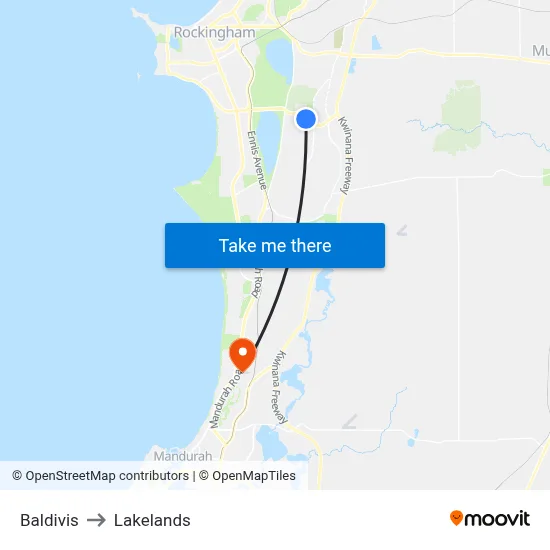 Baldivis to Lakelands map