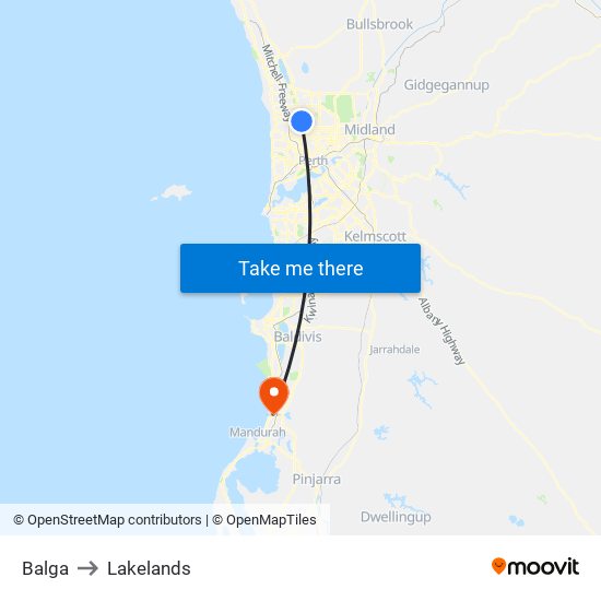 Balga to Lakelands map