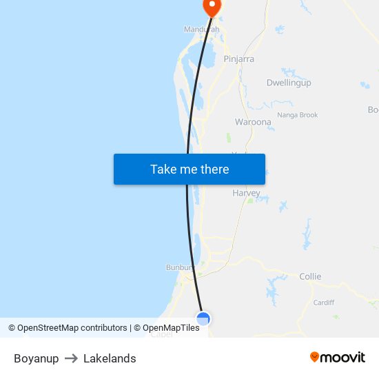 Boyanup to Lakelands map