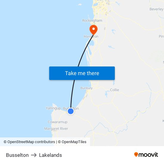 Busselton to Lakelands map