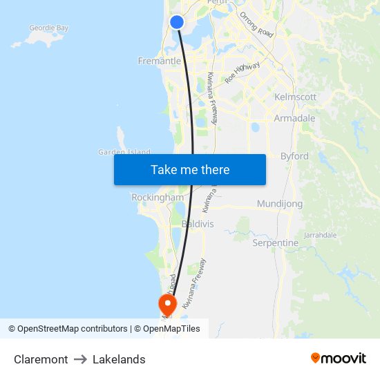 Claremont to Lakelands map