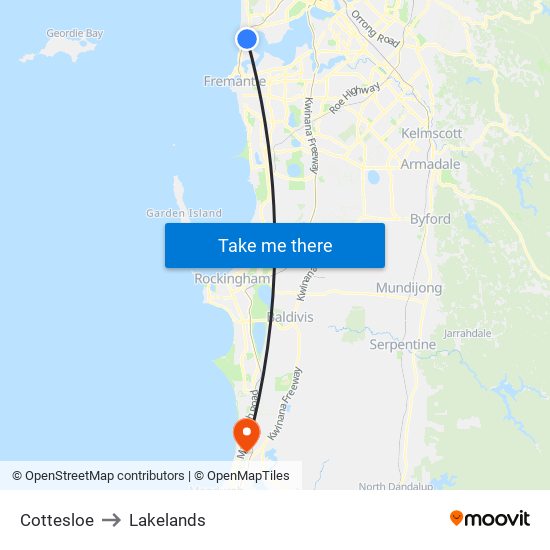 Cottesloe to Lakelands map