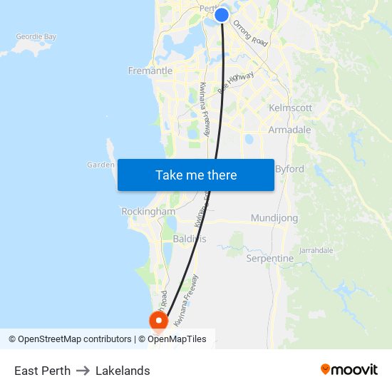 East Perth to Lakelands map