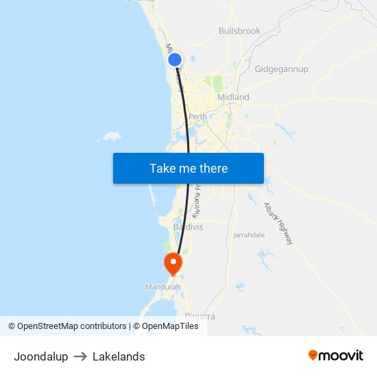 Joondalup to Lakelands map