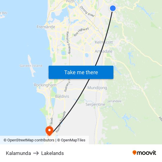 Kalamunda to Lakelands map