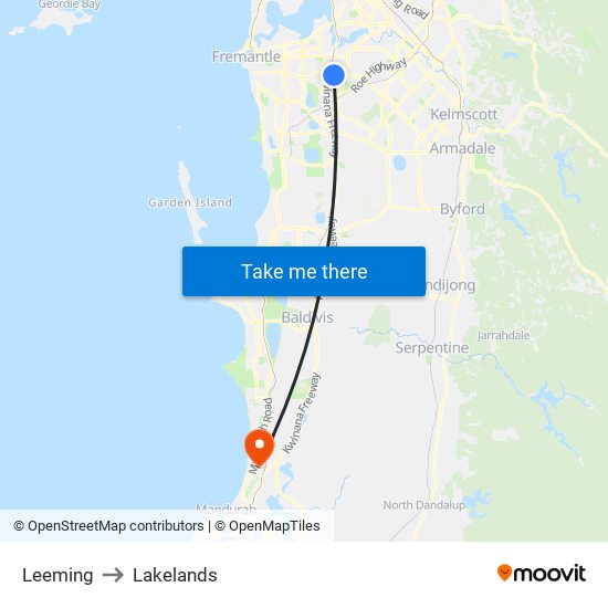 Leeming to Lakelands map