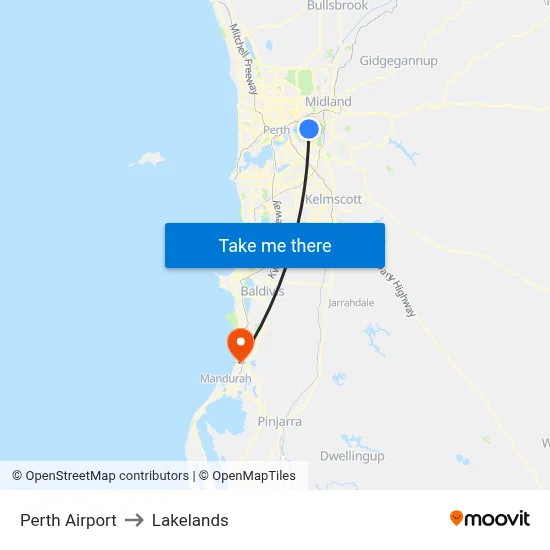 Perth Airport to Lakelands map