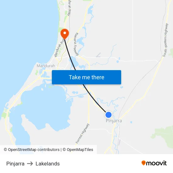 Pinjarra to Lakelands map