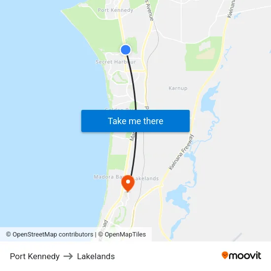 Port Kennedy to Lakelands map