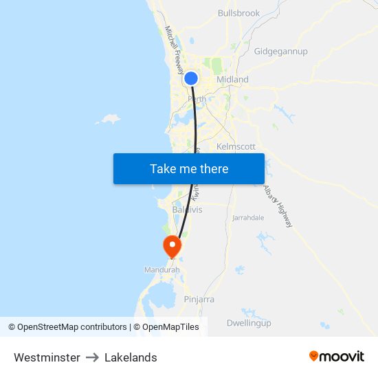 Westminster to Lakelands map