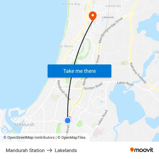 Mandurah Station to Lakelands map