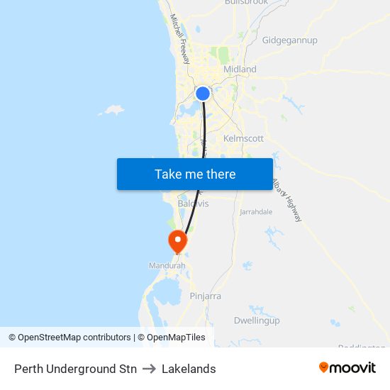 Perth Underground Stn to Lakelands map