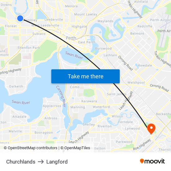 Churchlands to Langford map