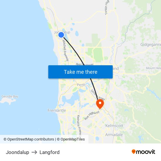 Joondalup to Langford map