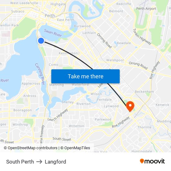 South Perth to Langford map