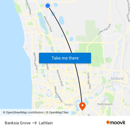 Banksia Grove to Lathlain map