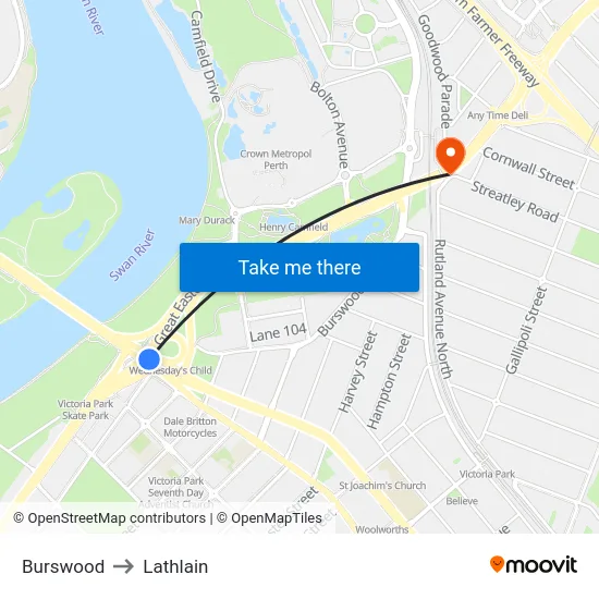 Burswood to Lathlain map