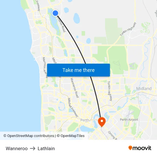 Wanneroo to Lathlain map
