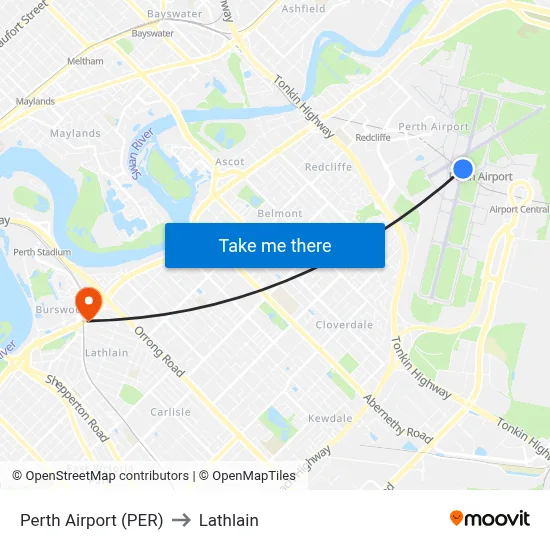 Perth Airport (PER) to Lathlain map