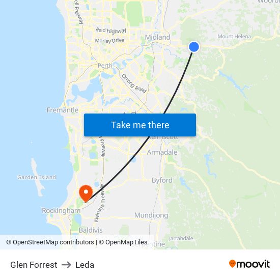 Glen Forrest to Leda map