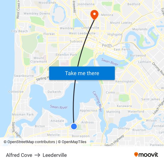 Alfred Cove to Leederville map