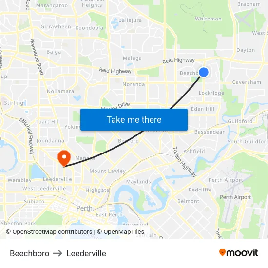 Beechboro to Leederville map