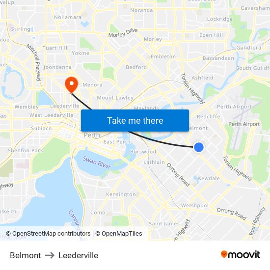 Belmont to Leederville map