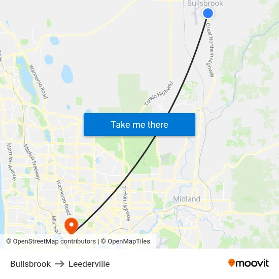Bullsbrook to Leederville map