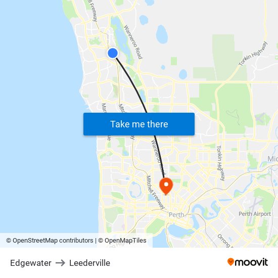 Edgewater to Leederville map