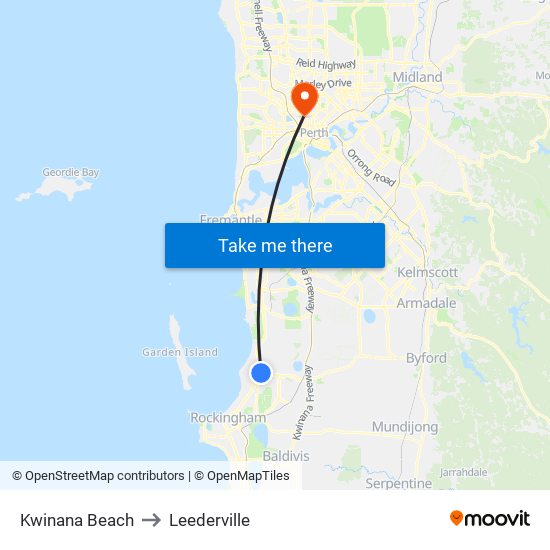 Kwinana Beach to Leederville map