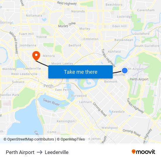 Perth Airport to Leederville map