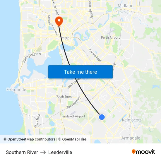 Southern River to Leederville map