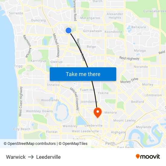 Warwick to Leederville map