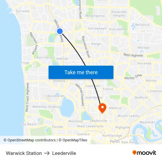 Warwick Station to Leederville map