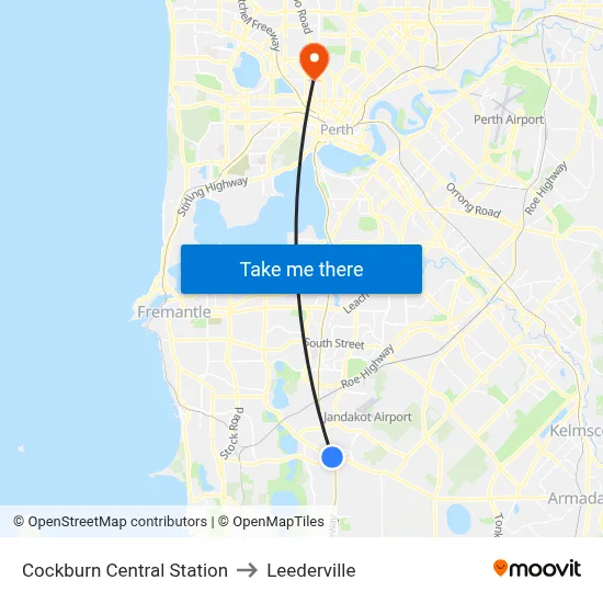 Cockburn Central Station to Leederville map