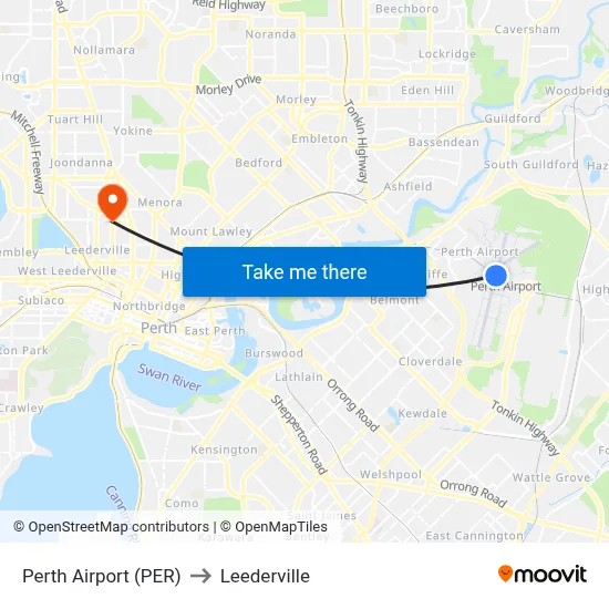 Perth Airport (PER) to Leederville map