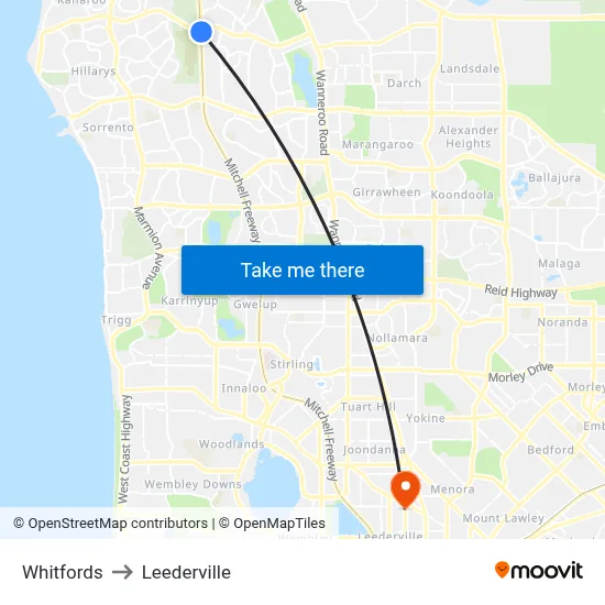 Whitfords to Leederville map