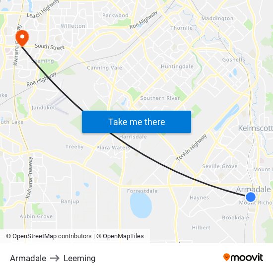 Armadale to Leeming map