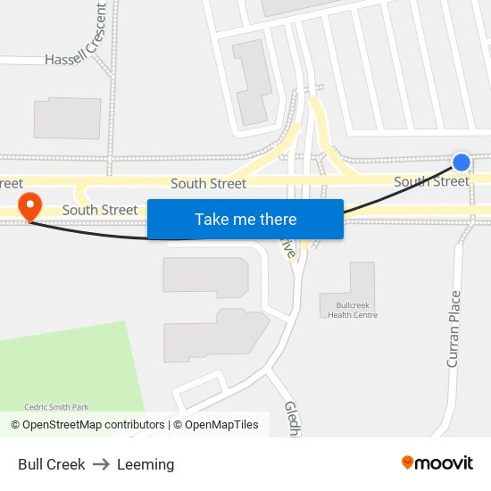 Bull Creek to Leeming map