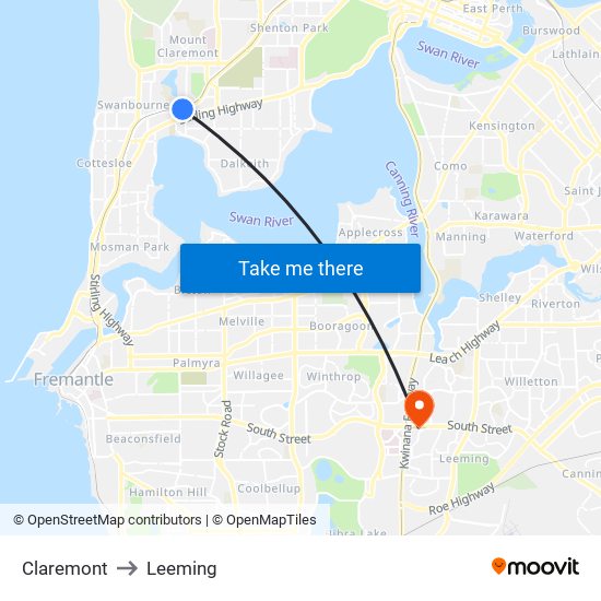 Claremont to Leeming map