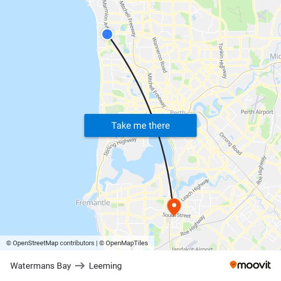 Watermans Bay to Leeming map