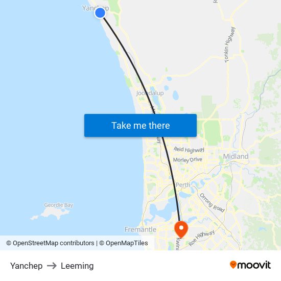 Yanchep to Leeming map