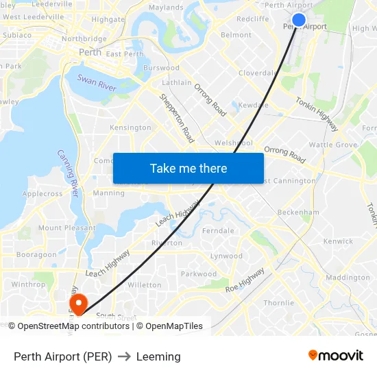 Perth Airport (PER) to Leeming map
