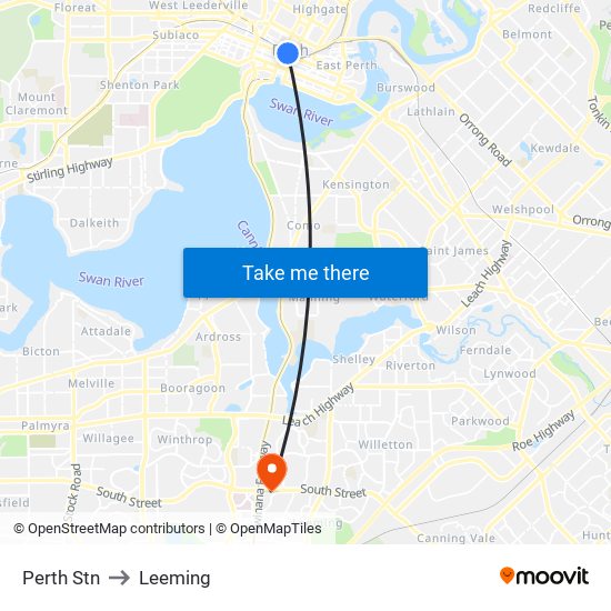 Perth Stn to Leeming map
