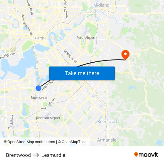 Brentwood to Lesmurdie map