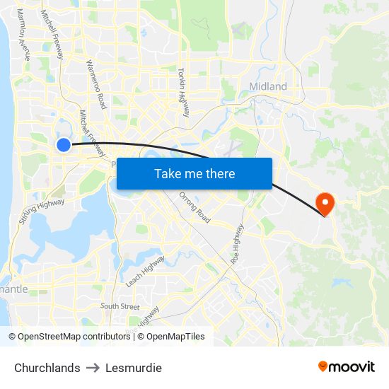 Churchlands to Lesmurdie map