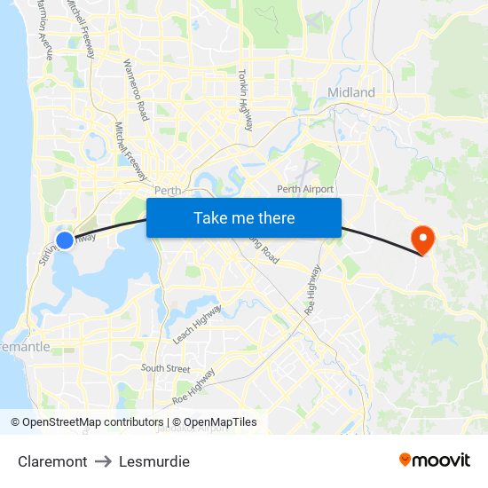 Claremont to Lesmurdie map